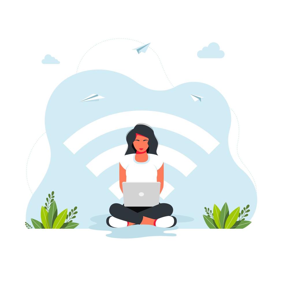 zona wifi gratuita. connessione wireless di zona hotspot wifi gratuita pubblica, concetto di business. donna seduta nella posizione del loto che lavora a un laptop sullo sfondo di una grande icona wi-fi. concetto di freelance vettore