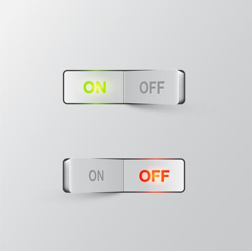 Interruttori neri realistici (ON / OFF) su sfondo nero, illustrazione vettoriale