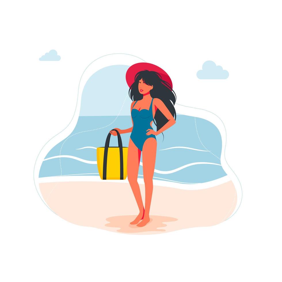 donna snella vestita in costume da bagno con un grande cappello in testa è in piedi sulla spiaggia, tiene una borsa in mano. concetto di vacanze estive. personaggio femminile che indossa costumi da bagno, grandi cappelli bianchi. vettore
