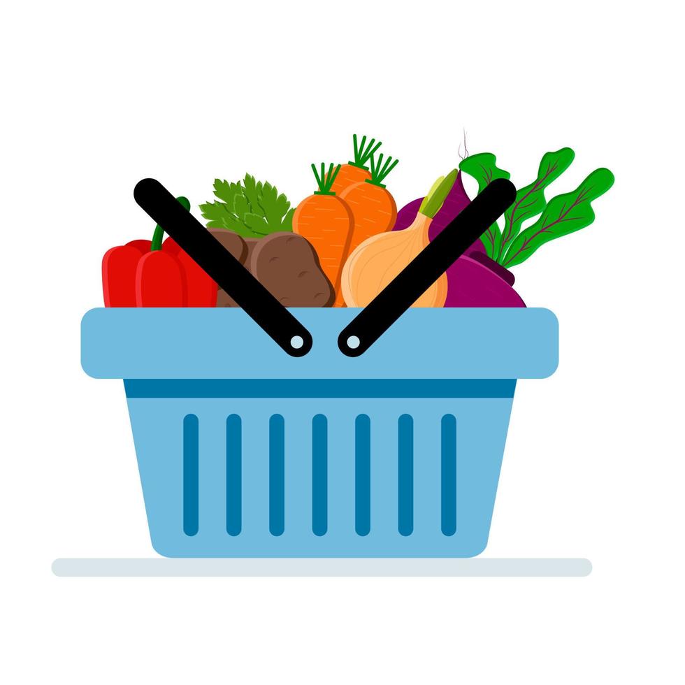 icona del cestino del supermercato del fumetto luminoso pieno di prodotti e verdure. illustrazione vettoriale piatto.