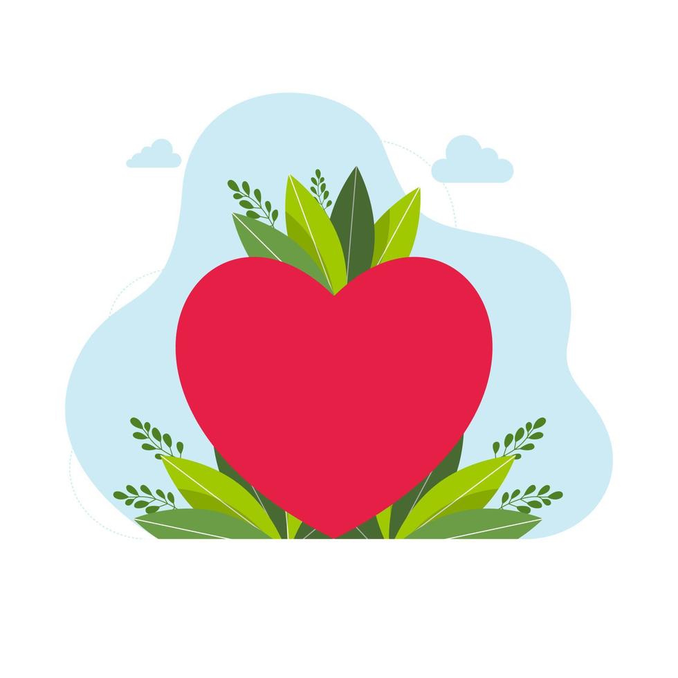 concetto di cuore amore con foglie sullo sfondo illustrazione di concetto di modello di logo di vettore di cuore rosso. segno d'amore. simbolo creativo di San Valentino. elemento di disegno astratto. illustrazione vettoriale