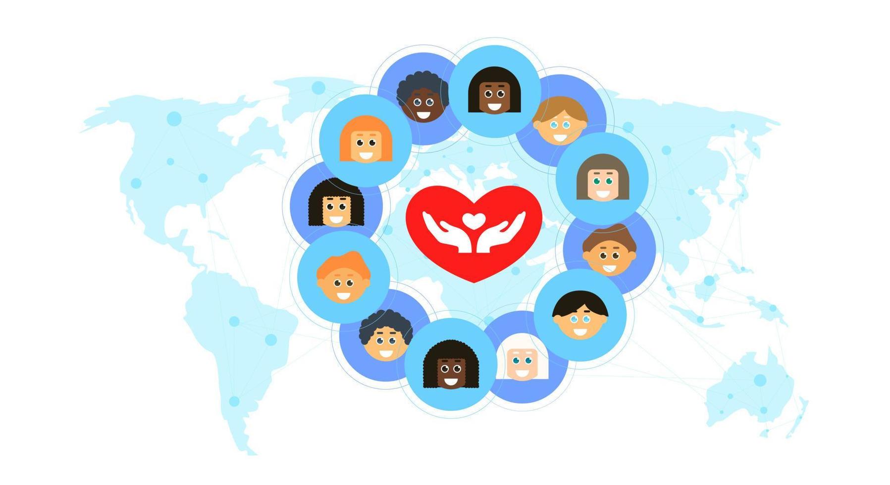 unendo le persone, la comunità unita, il concetto di uguaglianza delle persone, persone di razze diverse sono raffigurate sullo sfondo della mappa del mondo sotto il simbolo del cuore vettore
