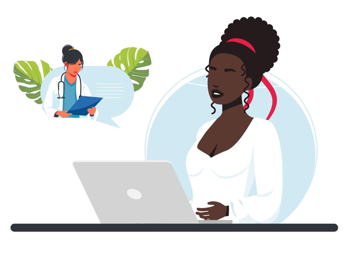 la donna africana riceve una consultazione medica online a casa. il medico consiglia i farmaci tramite collegamento video. chat dal vivo. il paziente incontra un medico online tramite l'applicazione del laptop. illustrazione vettoriale