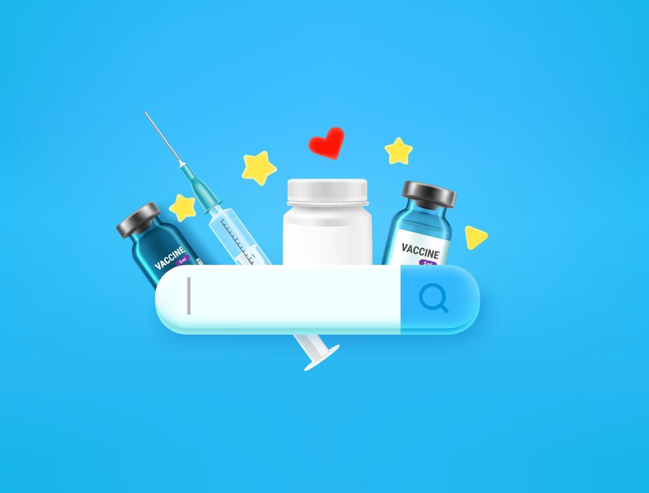 ricerca di farmaci in internet con scheda di ricerca. illustrazione vettoriale di stile 3d