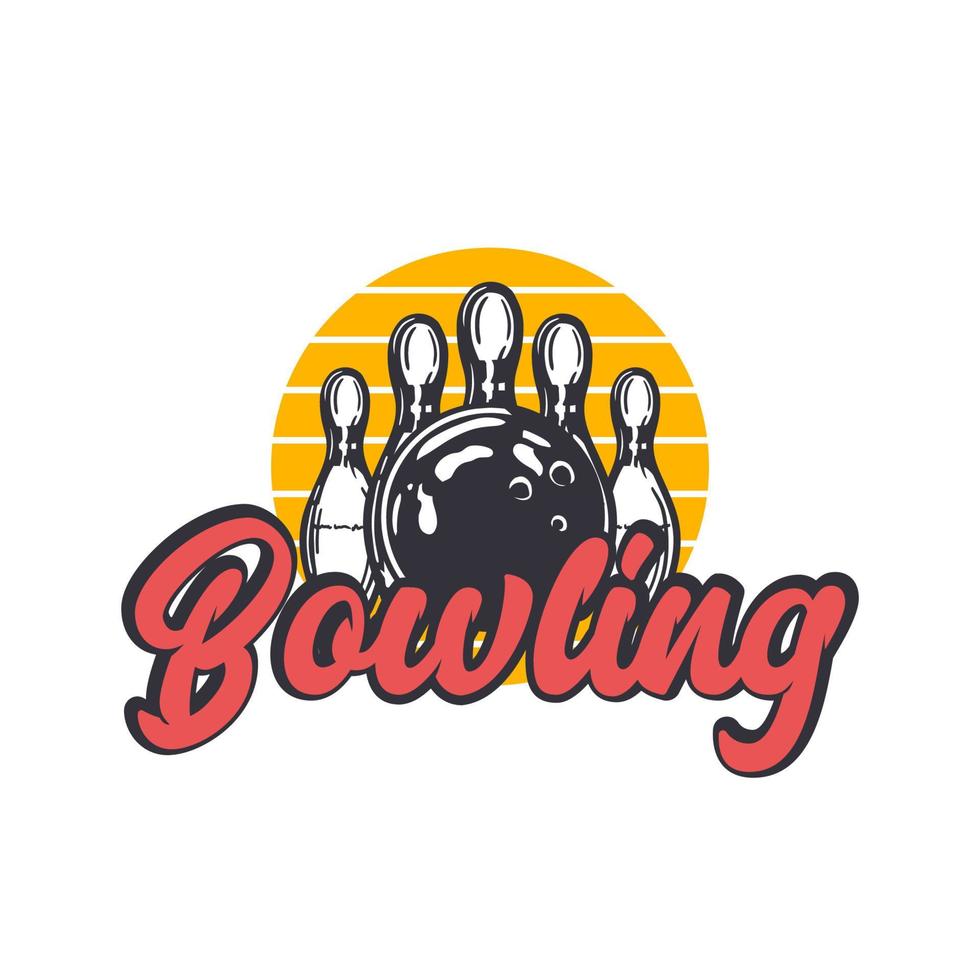 logo design bowling con palla da bowling che colpisce il perno bowling illustrazione vintage vettore
