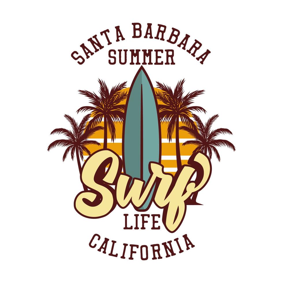 t shirt design santa barbara estate surf life california con tavola da surf illustrazione vintage vettore