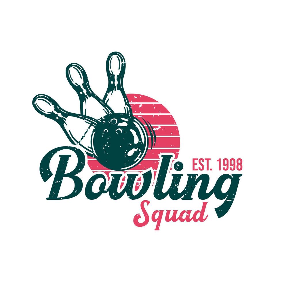 logo design squadra di bowling est 1998 con palla da bowling che colpisce il perno bowling illustrazione vintage vettore