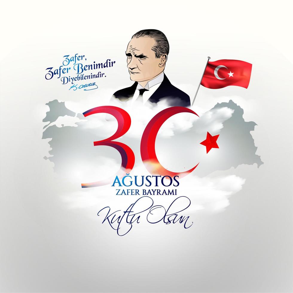 turchia celebrazione nazionale carta, distintivo, banner o poster disegno vettoriale 30 agustos zafer bayrami kutlu olsun, traduzione inglese, felice 30 agosto, giorno della vittoria