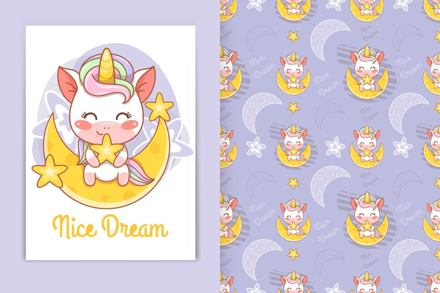 simpatico bambino unicorno con luna e stelline illustrazione di cartone animato e set di modelli senza cuciture vettore