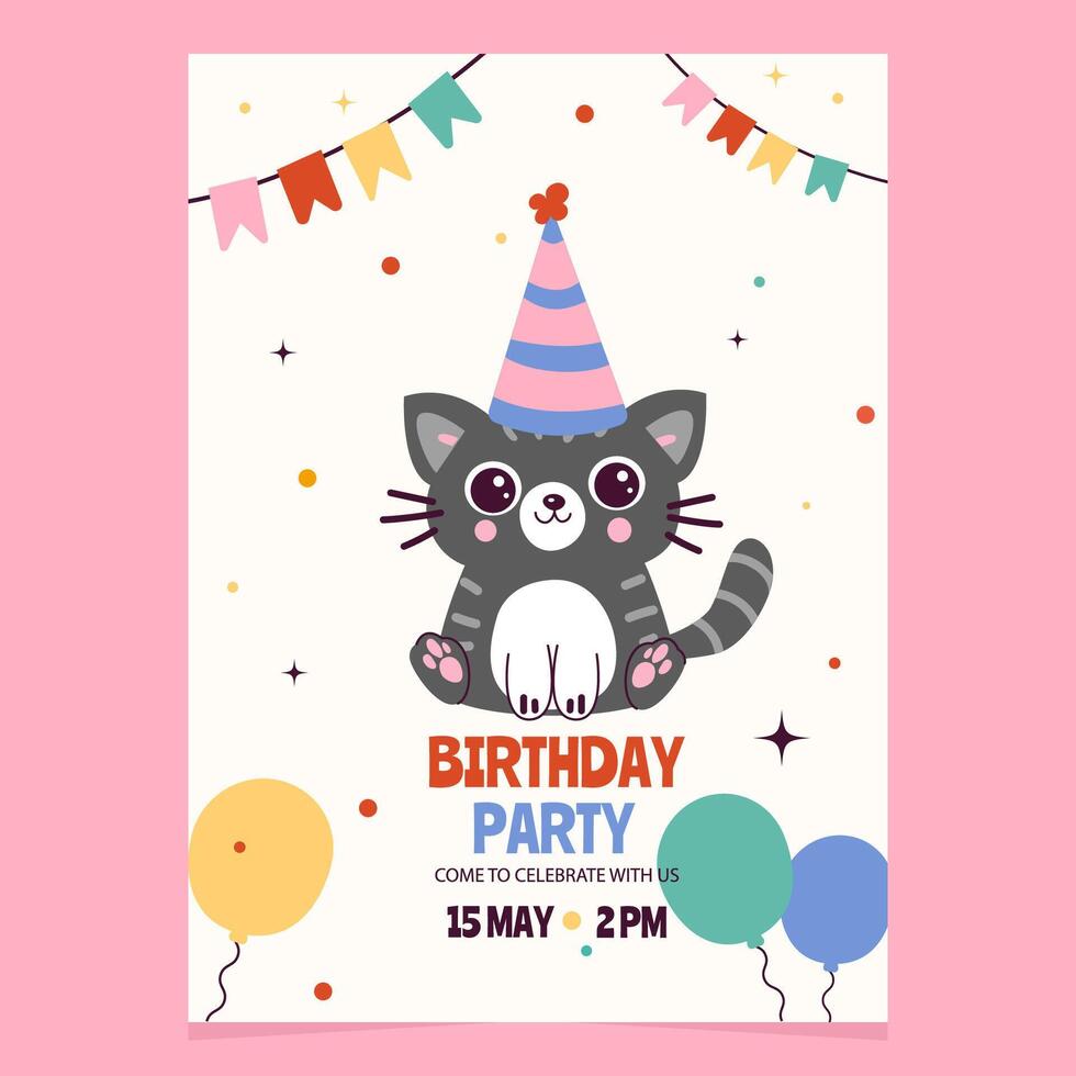compleanno festa invito con scarabocchio gatto vettore