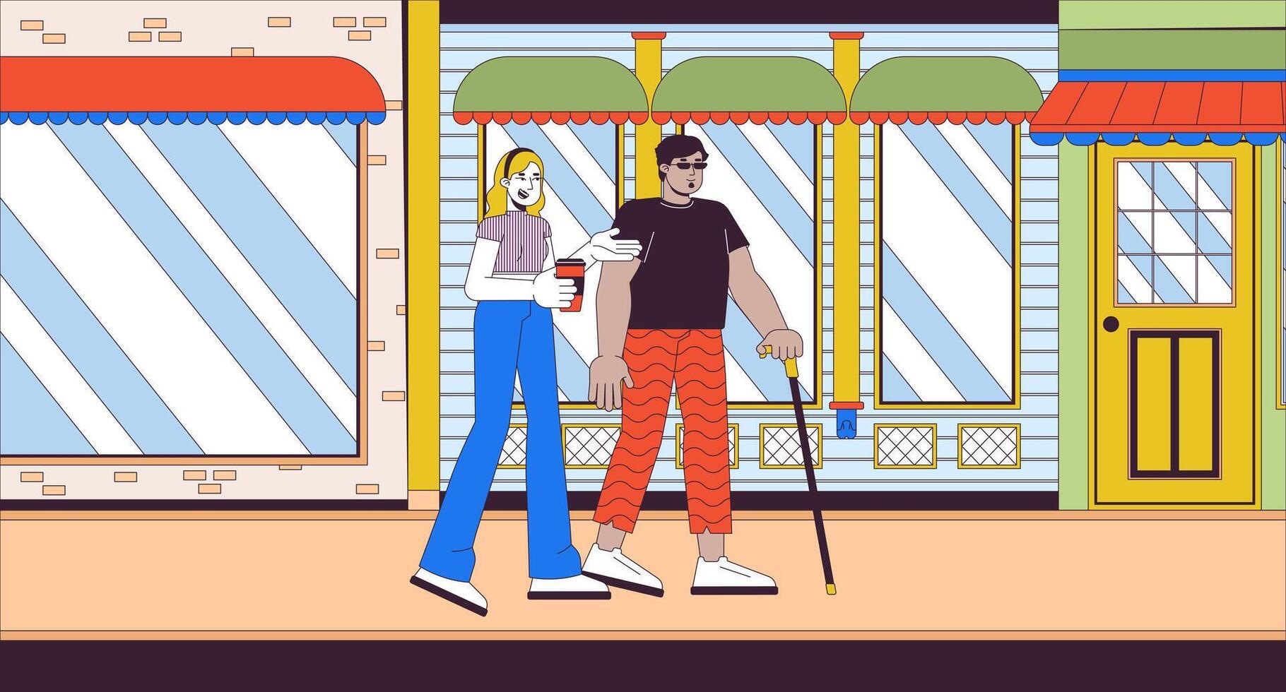 diverso amici su camminare nel città cartone animato piatto illustrazione. arabo uomo con cecità e europeo femmina su strada 2d linea personaggi colorato sfondo. inclusione scena narrativa Immagine vettore