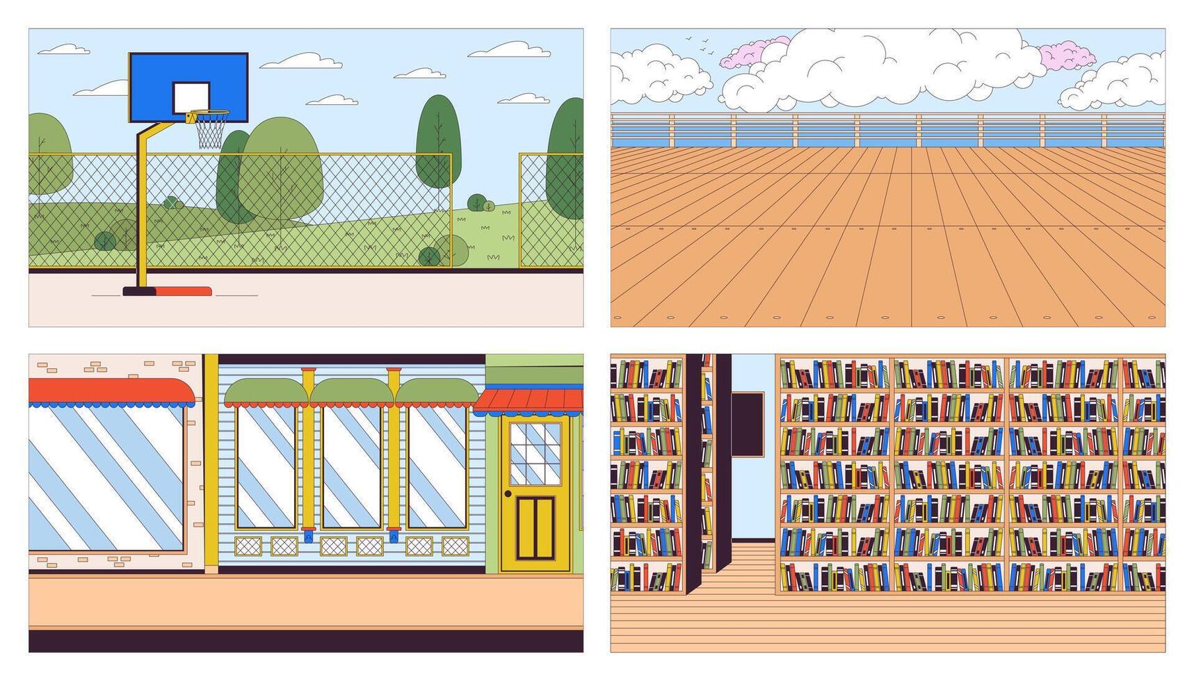 vuoto pubblico posti cartone animato piatto illustrazione impostare. no persone spazi 2d linea paesaggio urbano, paesaggio e interno colorato sfondi. tempo libero e passatempo scene narrativa Immagine collezione vettore