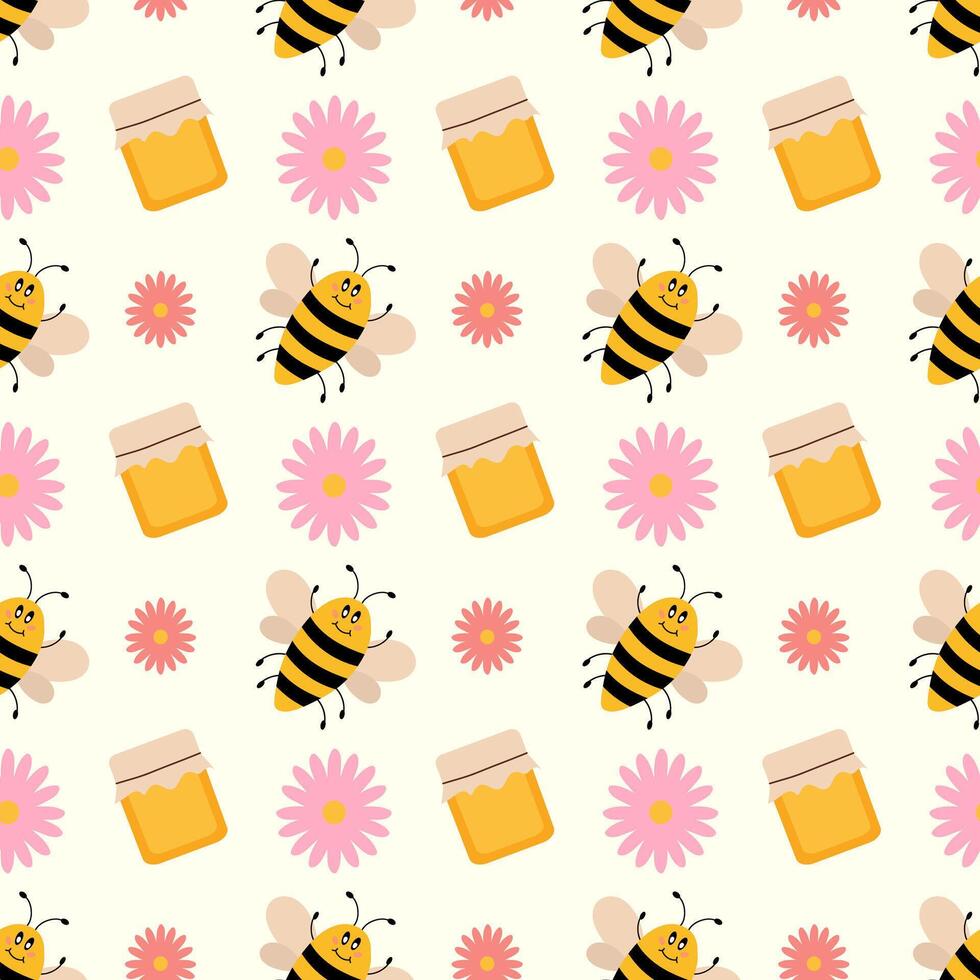 carino cartone animato senza soluzione di continuità modello con ape, miele vaso e fiori. divertente api sfondo. piatto illustrazione. vettore