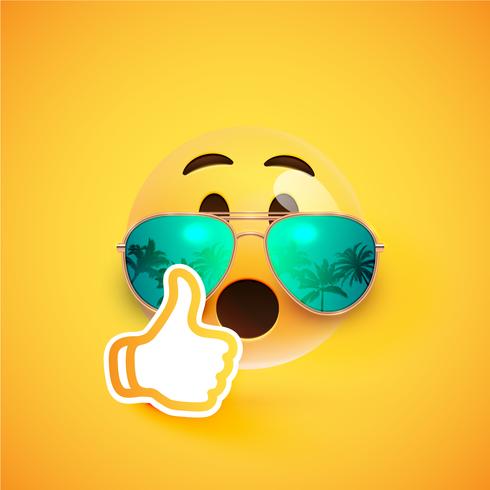 Emoticon realistico con occhiali da sole e pollici in su, illustrazione vettoriale