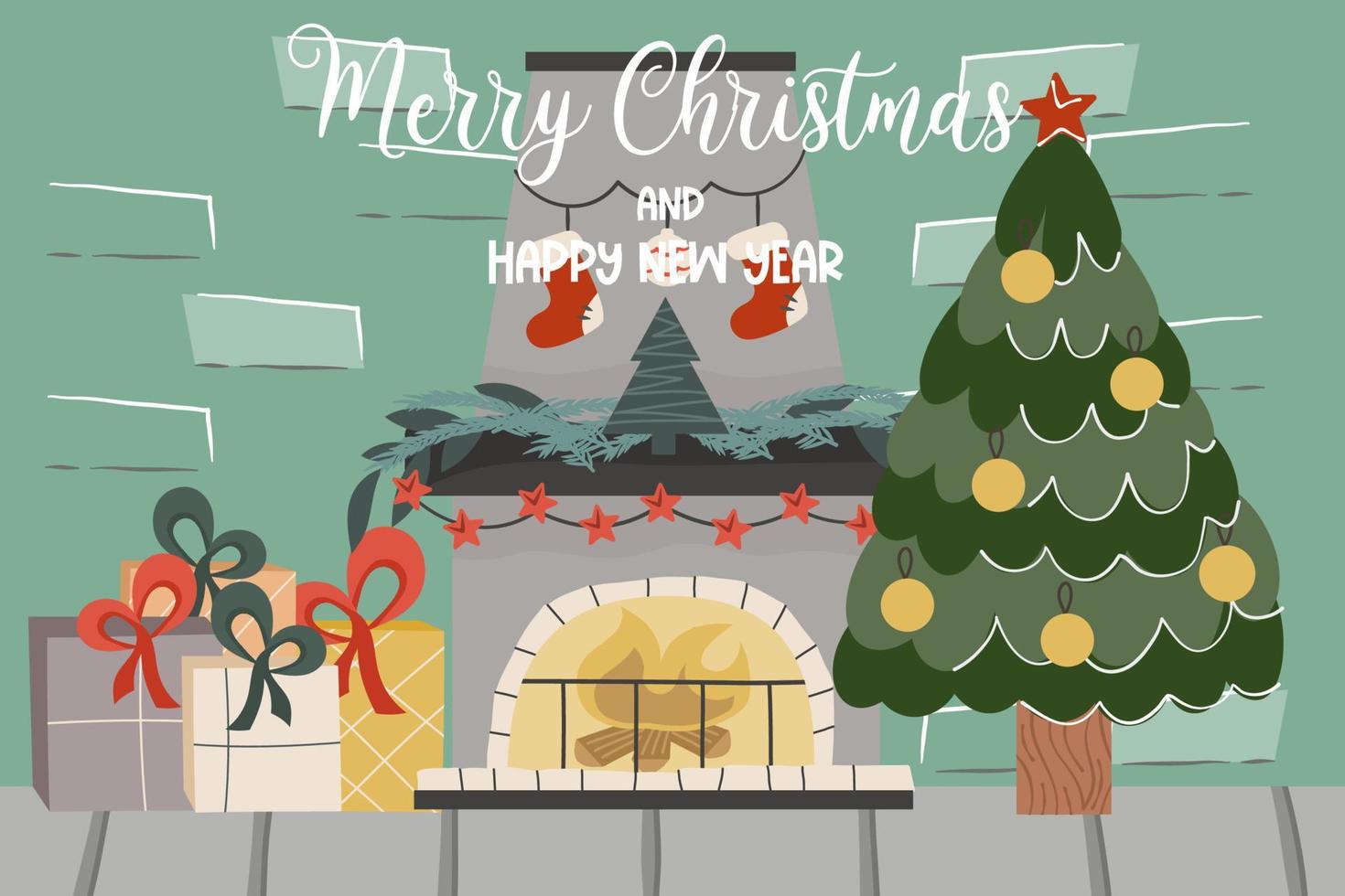 loft natalizio in mattoni con camino, abete, testo buon natale.decorato con palline di abete e candele e regali per camino. illustrazione vettoriale di un interno festivo.