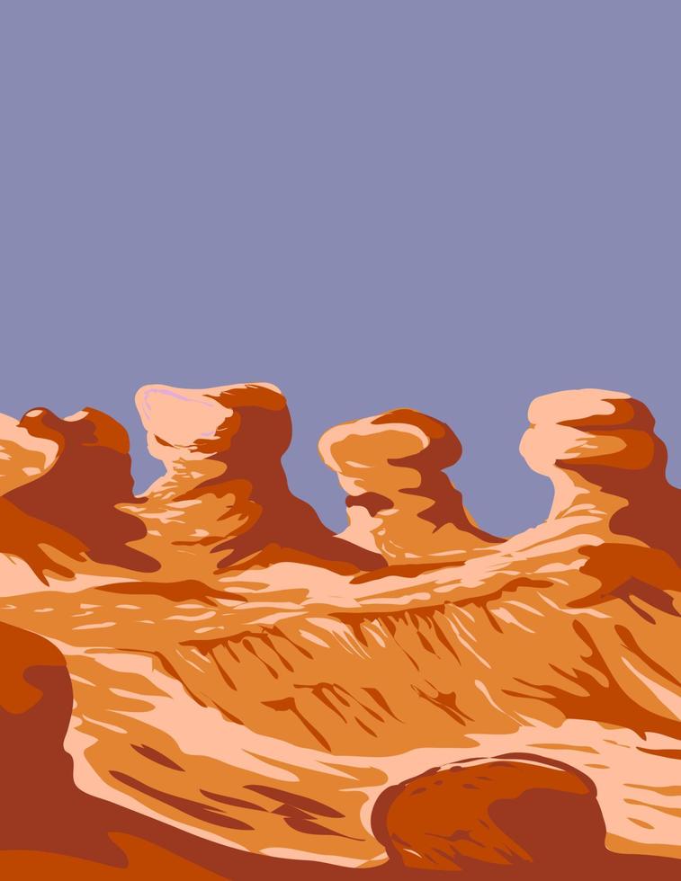 Goblin Valley State Park hoodoos rock pinnacles in Green River Utah usa wpa poster art vettore