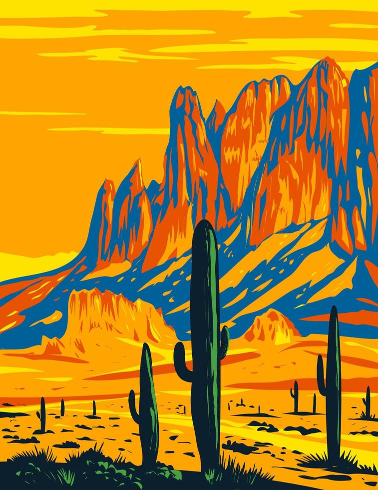 Lost Dutchman State Park che mostra il ferro da stiro nelle montagne della superstizione in Arizona usa wpa poster art vettore