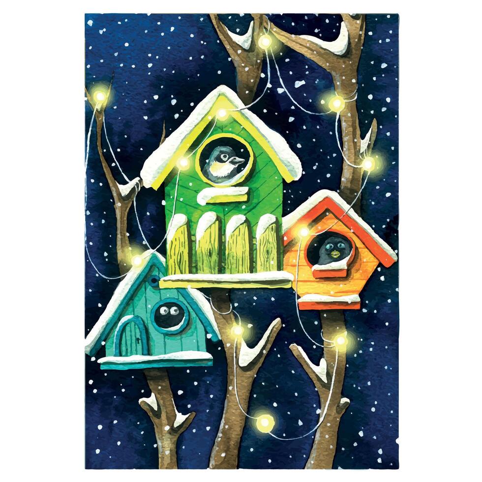 nicchie con uccelli su alberi, nel un' nevoso foresta con un' ghirlanda e neve. acquerello illustrazione, manifesto. per il design di cartoline, striscioni, confezione, Natale armamentario, i regali, etichette. vettore