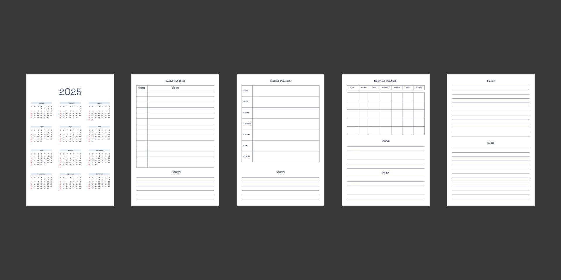 Calendario 2025 e modello di diario del pianificatore mensile settimanale giornaliero in classico stile rigoroso. calendario mensile pianificazione individuale minimalismo design sobrio per notebook aziendale. la settimana inizia di domenica vettore