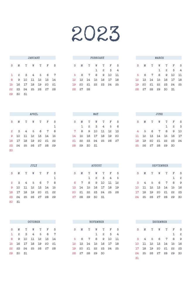 Modello di calendario 2023 in classico stile rigoroso con tipo di carattere scritto. calendario mensile pianificazione individuale minimalismo design sobrio per notebook aziendale. la settimana inizia di domenica vettore