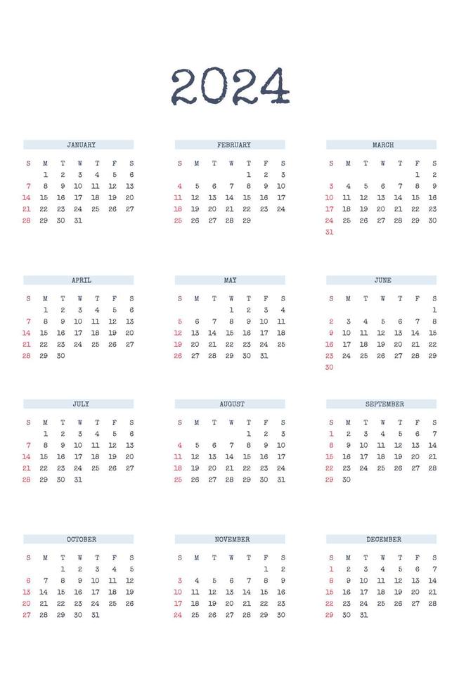 Modello di calendario 2024 in classico stile rigoroso con carattere scritto tipo. calendario mensile pianificazione individuale minimalismo design sobrio per notebook aziendale. la settimana inizia di domenica vettore