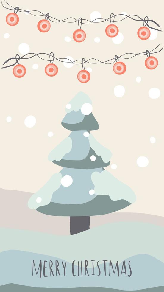 biglietto di auguri di natale stile carino disegnato a mano e colori pastello abbinati alla moda. albero di natale e pupazzo di neve con confezione regalo su cumulo di neve con ghirlanda e fiocchi di neve vettore