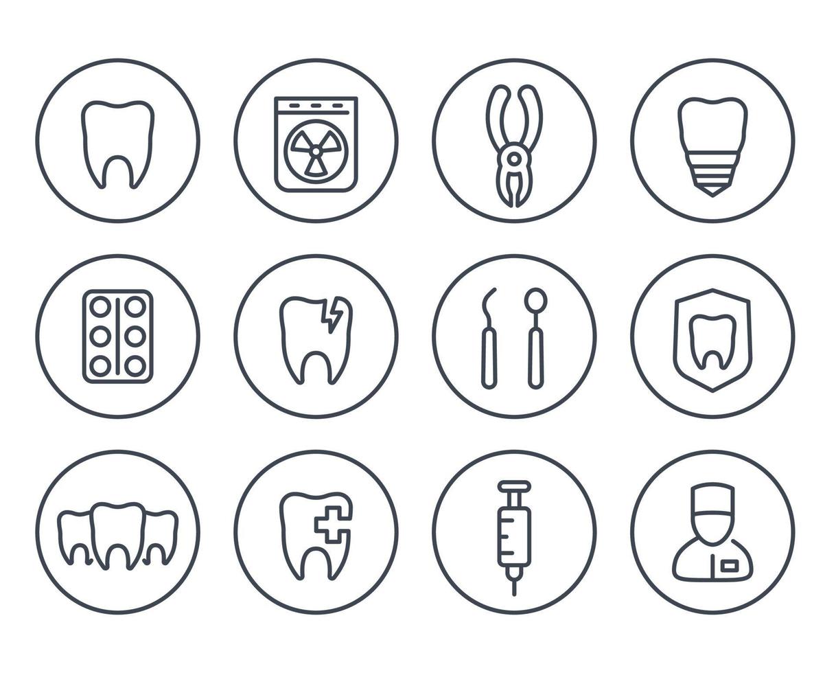 medicina orale, stomatologia, chirurgia dentale, odontoiatria, icone della linea dei denti su bianco vettore