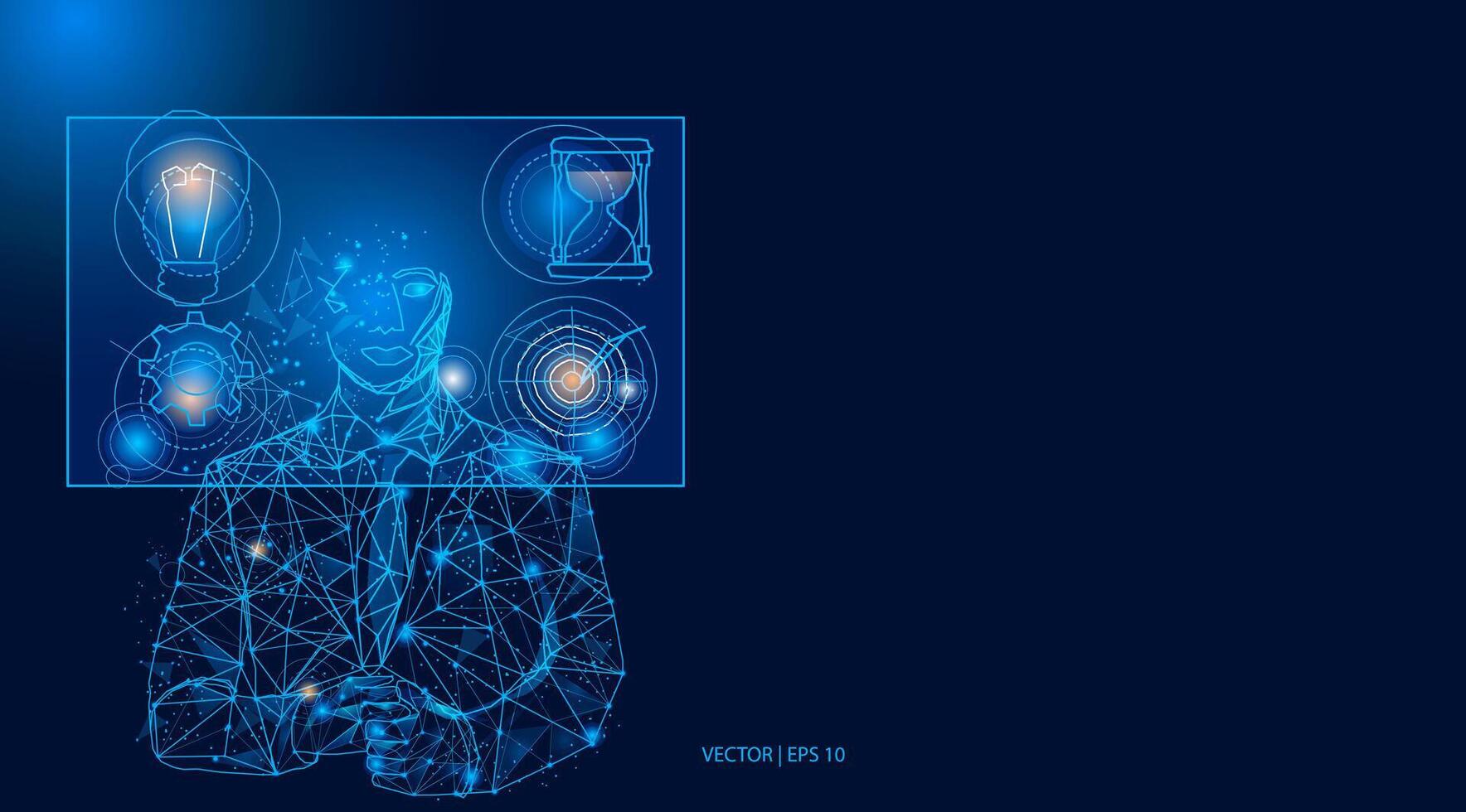 illustrazione.a maschio uomo d'affari è guardare a un' galleggiante schermo, guardare per idee, chasing obiettivi, soluzione i problemi, e da corsa contro volta. astratto Basso poli attività commerciale sfondo vettore