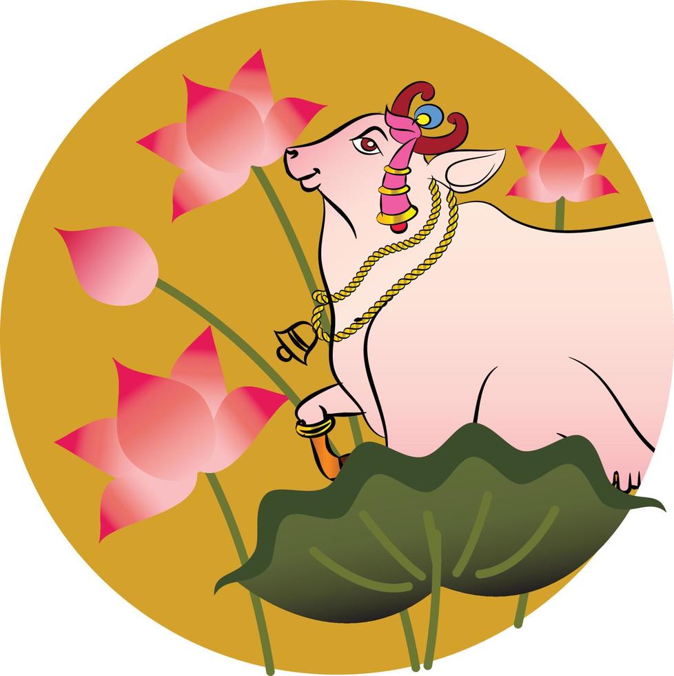 vacca sacra in kalamkari arte popolare tradizionale indiana su tessuti di lino. può essere utilizzato per un libro da colorare, stampe su tessuto, custodia per telefono, biglietto di auguri. logo, calendario vettore