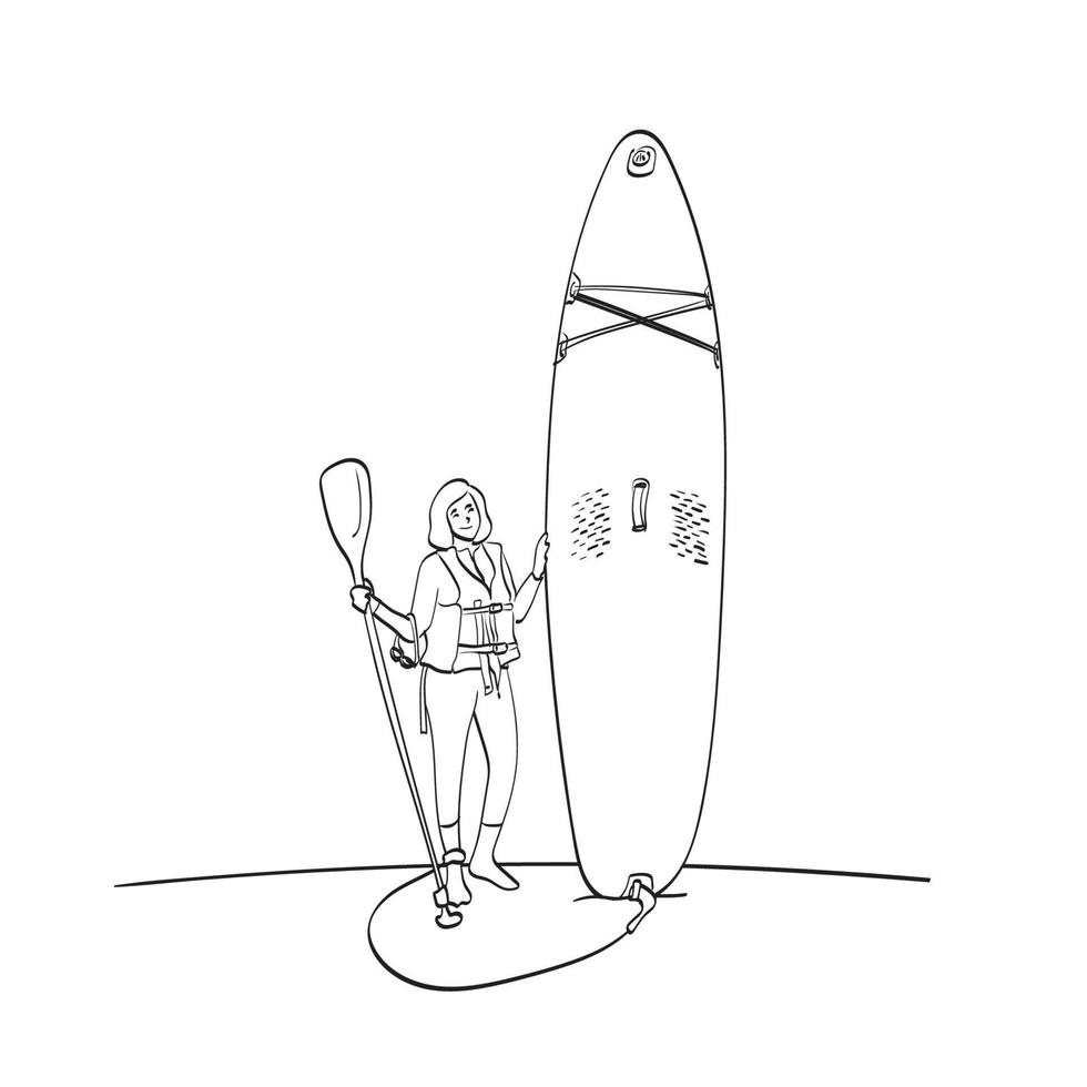 line art donna in giubbotto di salvataggio in piedi con paddle board sulla spiaggia illustrazione vettoriale isolato su sfondo bianco