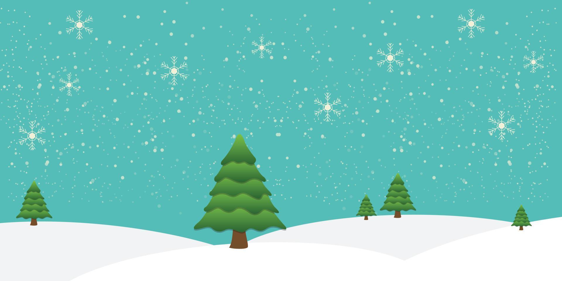 vacanze di natale e illustrazione vettoriale di progettazione del paesaggio invernale con fiocchi di neve e alberi