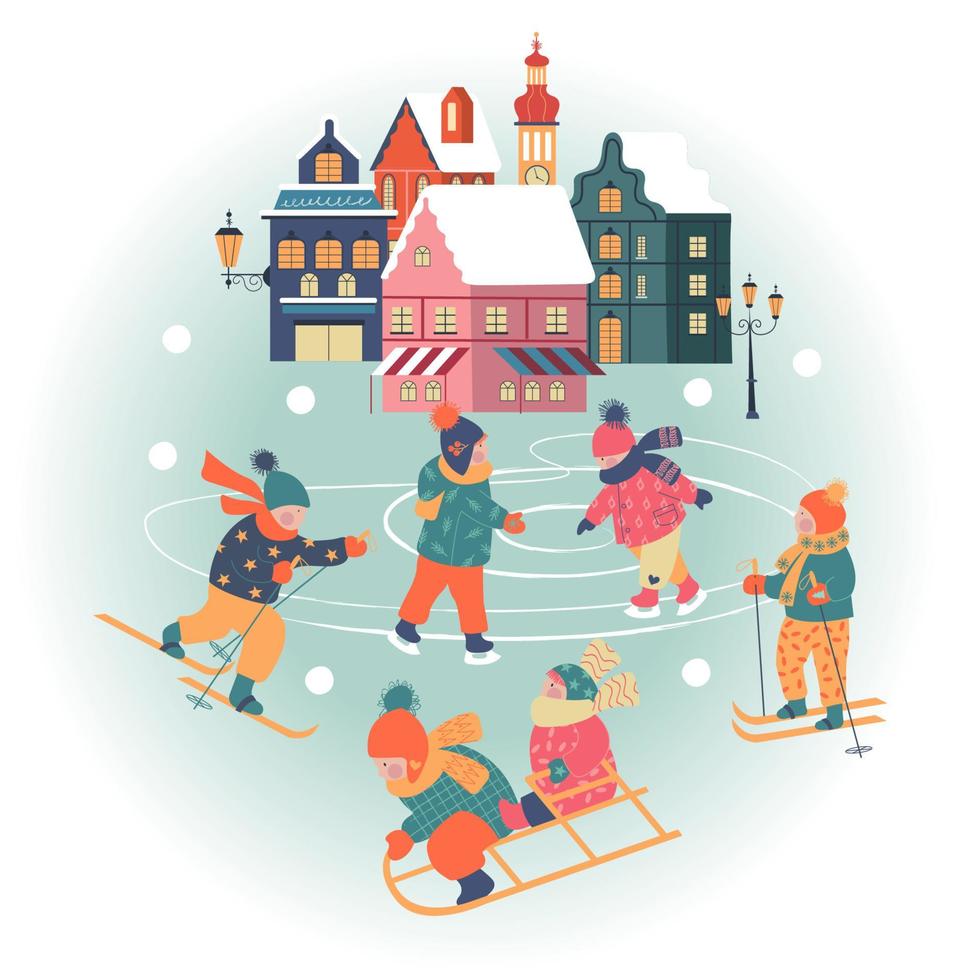 giornata nevosa nell'accogliente città di natale. paesaggio di giorno del villaggio di natale invernale. i bambini giocano all'aperto in inverno. illustrazione vettoriale, biglietto di auguri. vettore