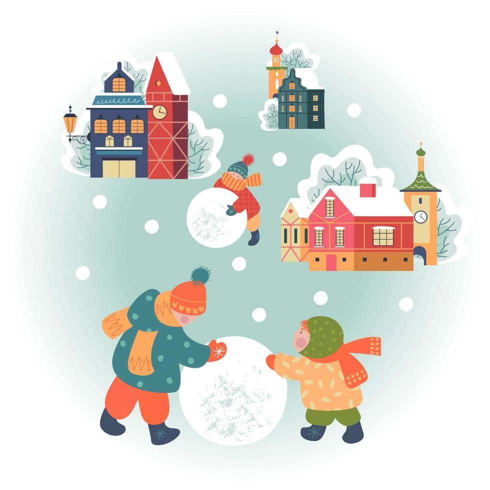 giornata nevosa nell'accogliente città di natale. paesaggio di giorno del villaggio di natale invernale. i bambini giocano all'aperto in inverno. illustrazione vettoriale, biglietto di auguri. vettore