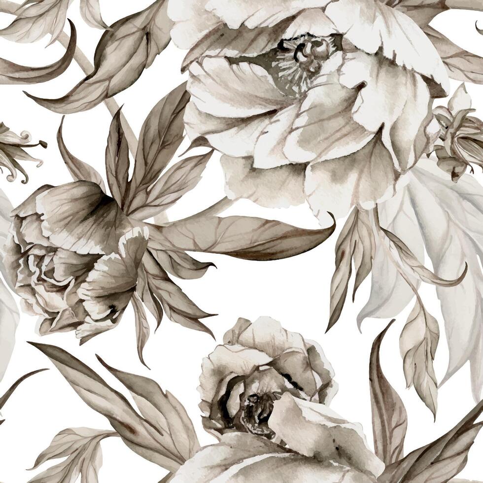 mano disegnato acquerello grisaglia monocromatico peonia tulipano ranuncolo fiori, mini cuffie e le foglie. senza soluzione di continuità modello isolato su bianca sfondo. inviti, nozze, sfondo, floreale negozio, Stampa, tessile vettore