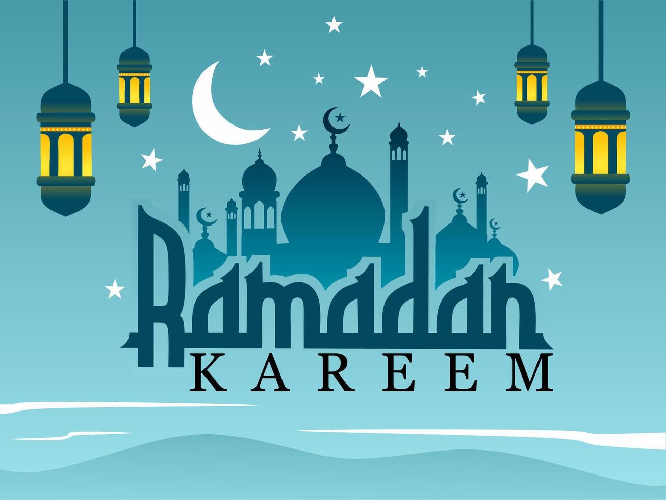 Ramadan kareem saluto, islamico decorazione modello con moschea silhouette e lanterna ornamento isolato su leggero blu sfondo vettore