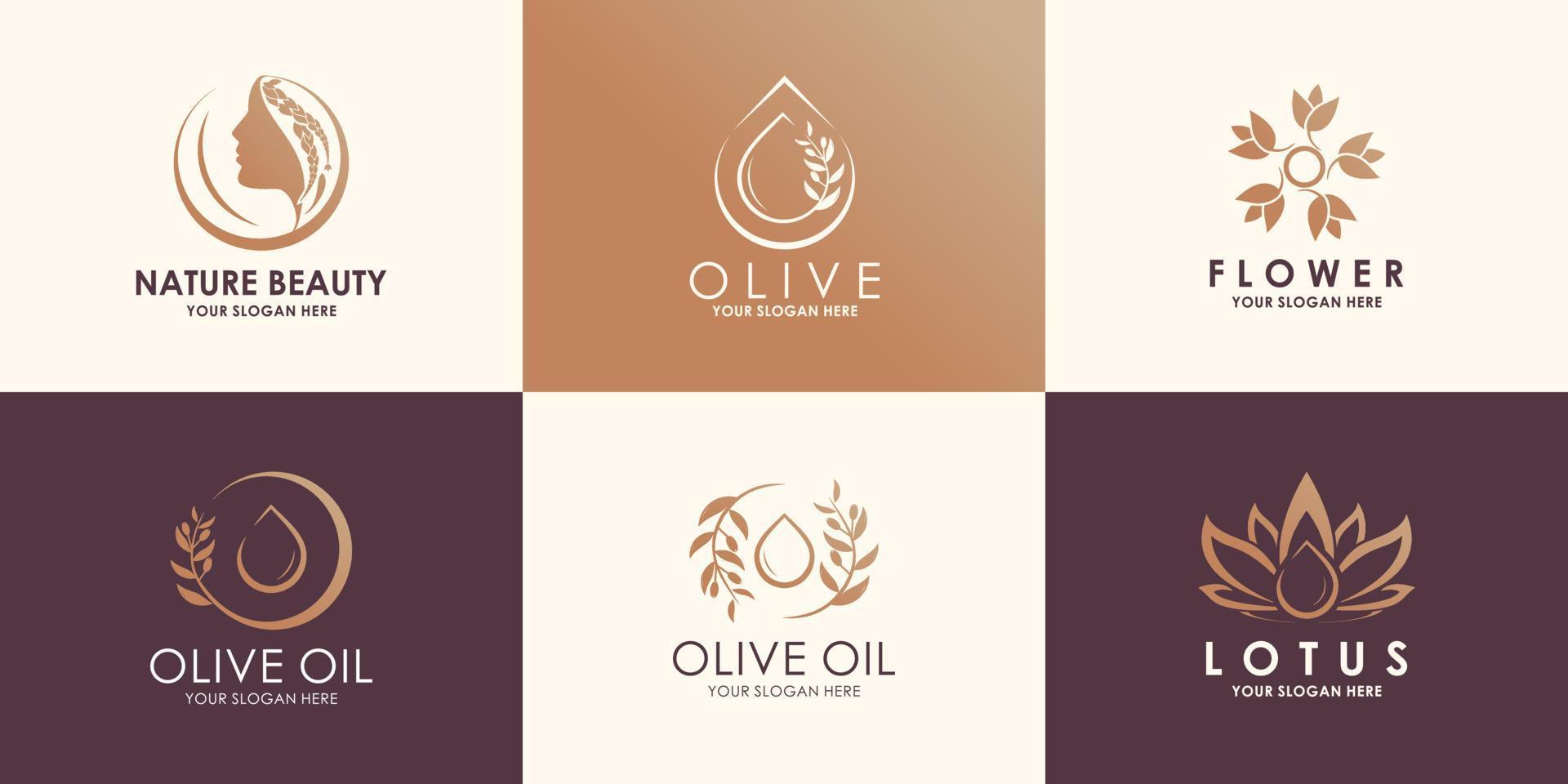 set di bellezza creativa naturale, donna, olio d'oliva, fiori e foglie. logo combinato vettore