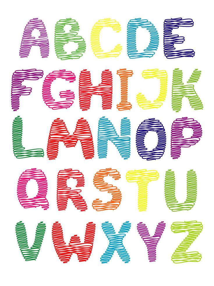 illustrazione vettoriale. alfabeto colorato inglese disegnato a mano. vettore
