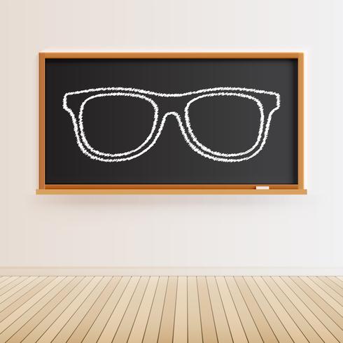 Alta lavagna nera dettagliata con pavimento in legno e un paio di occhiali disegnati, illustrazione vettoriale