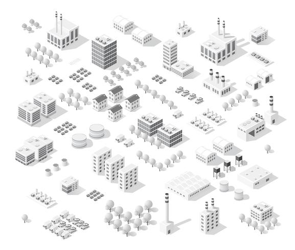 Set città isometrica con grattacieli vettore