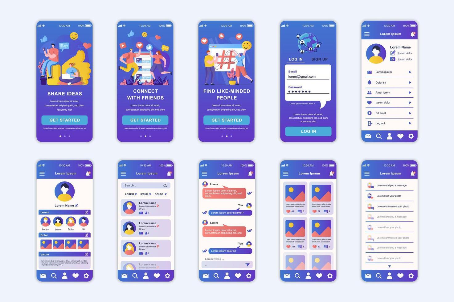 sociale Rete concetto schermi impostato per mobile App modello. persone Condividere idee in linea, blog, Collegare con gli amici. ui, ux, gui utente interfaccia kit per smartphone applicazione layout. design vettore