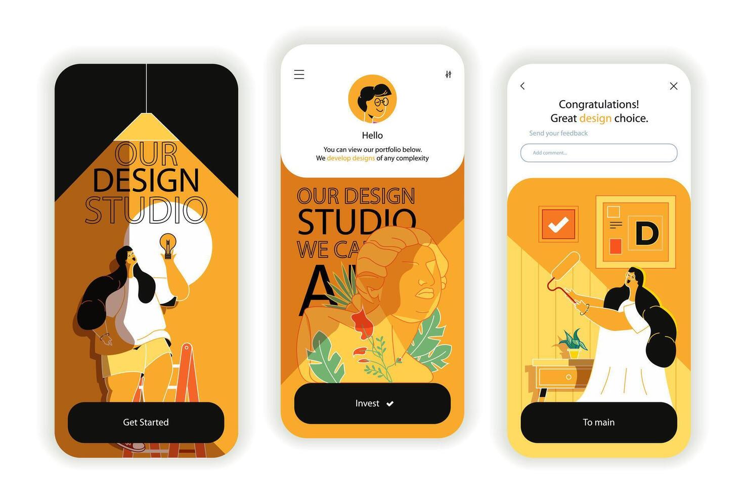 design studio concetto onboarding schermi. creare opera d'arte e soddisfare nel progettista agenzia, creativo progetti. ui, ux, gui utente interfaccia kit con piatto persone scena. illustrazione per ragnatela design vettore