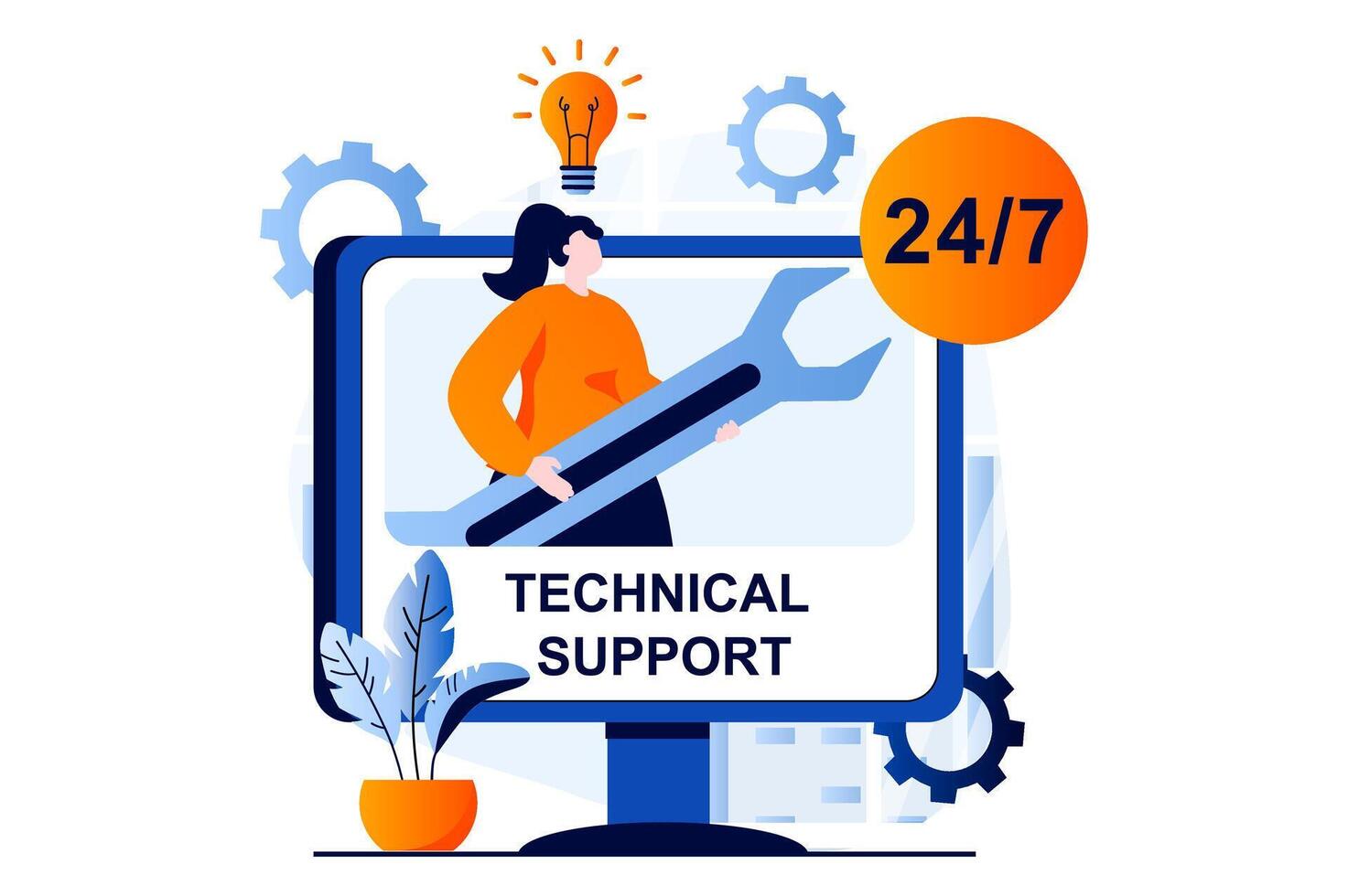 tecnico supporto concetto con persone scena nel piatto cartone animato design. donna con chiave inglese soluzione Tech i problemi di clienti, fabbricazione riparazione e computer Manutenzione. illustrazione visivo storia per ragnatela vettore