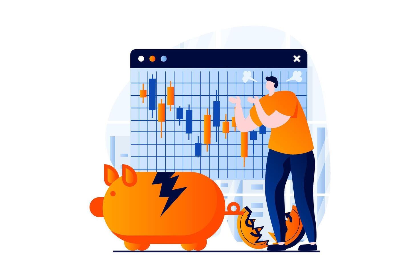 azione mercato concetto con persone scena nel piatto cartone animato design. uomo investe risparmi e perde i soldi, analisi grafico con negativo tendenza, finanziario crisi. illustrazione visivo storia per ragnatela vettore