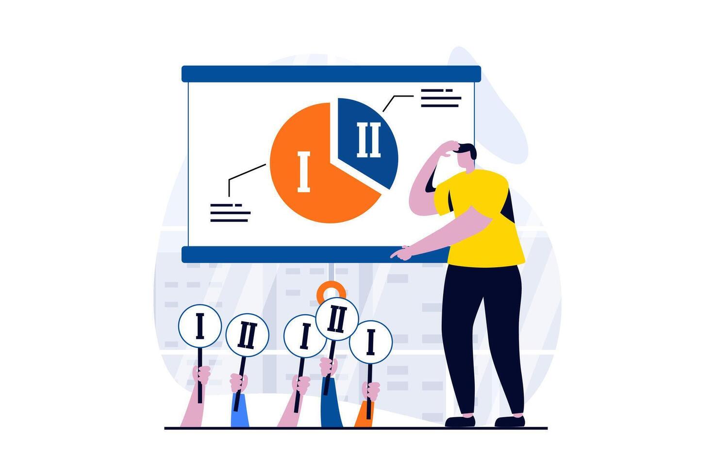 scoperta soluzione concetto con persone scena nel piatto cartone animato design. uomo lavori con diagramma diviso in settori e analisi statistica di cliente comportamento. illustrazione visivo storia per ragnatela vettore