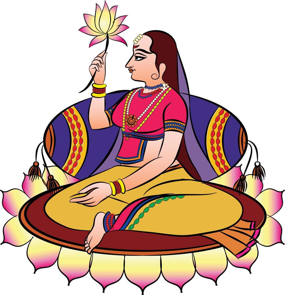 gopika, sevika, o servi della signora del signore hanno disegnato nell'arte popolare indiana, in stile kalamkari. per stampa tessile, logo, carta da parati vettore