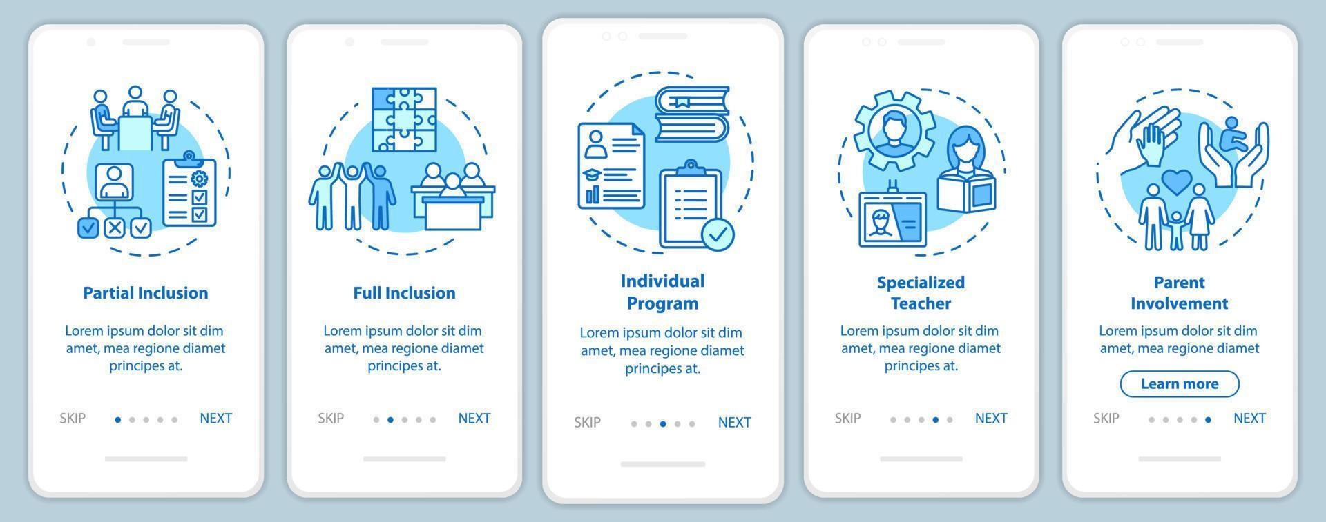 schermata della pagina dell'app mobile di onboarding dell'istruzione inclusiva con concetti. assistenza educativa per disabili con istruzioni grafiche in cinque passaggi. modello vettoriale dell'interfaccia utente con illustrazioni a colori rgb