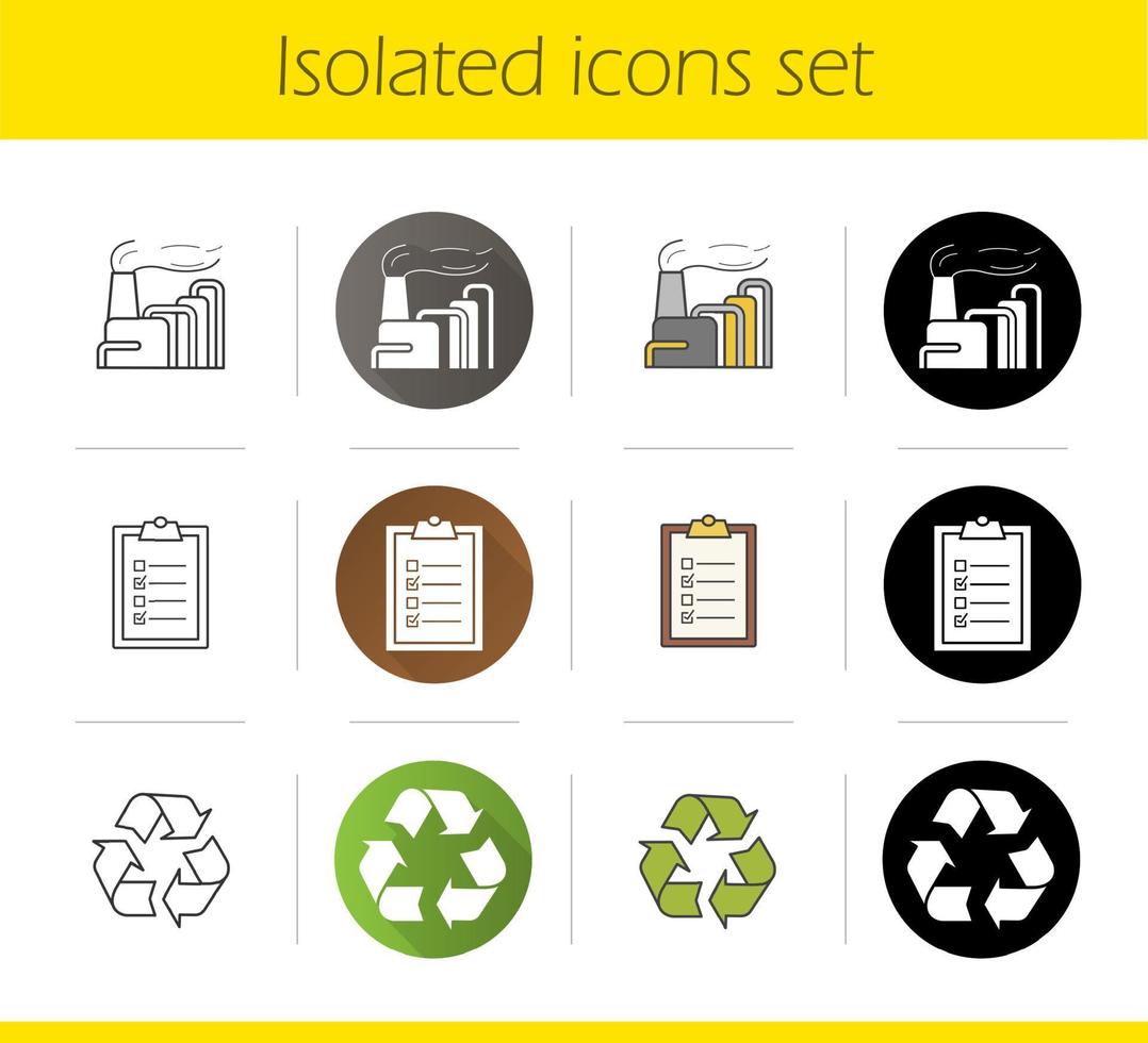 set di icone di inquinamento ambientale. design piatto, stili lineari, neri e a colori. impianto industriale, lista di controllo, simbolo di riciclo. illustrazioni vettoriali isolate