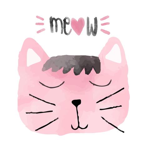idea di gatto divertente rosa acquerello per carta vettore