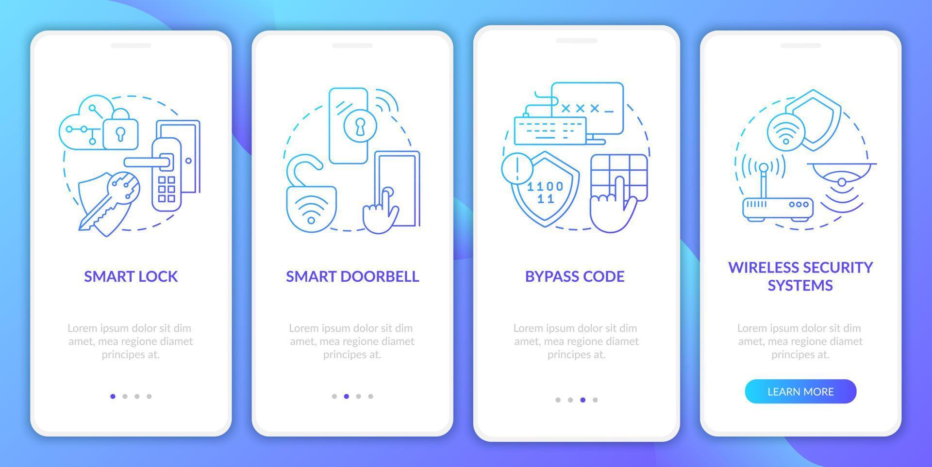 schermata della pagina dell'app mobile onboarding sfumatura blu domotica. procedura dettagliata di sicurezza domestica 4 passaggi istruzioni grafiche con concetti. ui, ux, gui modello vettoriale con illustrazioni a colori lineari