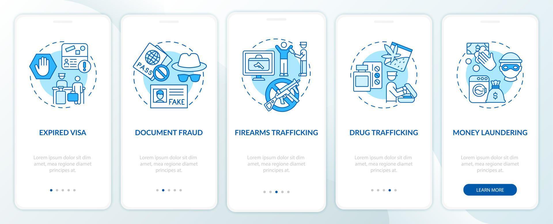 motivi per la deportazione schermata blu della pagina dell'app mobile onboarding. procedura dettagliata della legislazione 5 passaggi istruzioni grafiche con concetti. ui, ux, gui modello vettoriale con illustrazioni a colori lineari